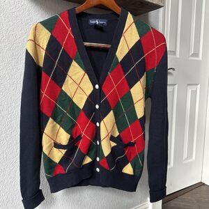 Vintage Polo Ralph Lauren Merino Wool Argyle Checkered Navy Red Yellow Cardigan